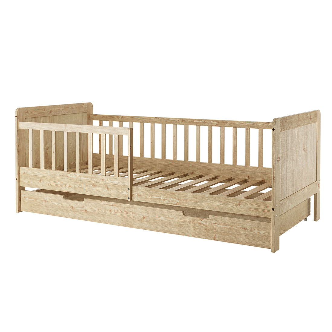 Zane Kids Solid Pine Timber Single Bed w/ Drawer - Natural features a low wooden frame with slatted base, safety guard rail, solid headboard and footboard, and a pull-out storage drawer for functionality.
