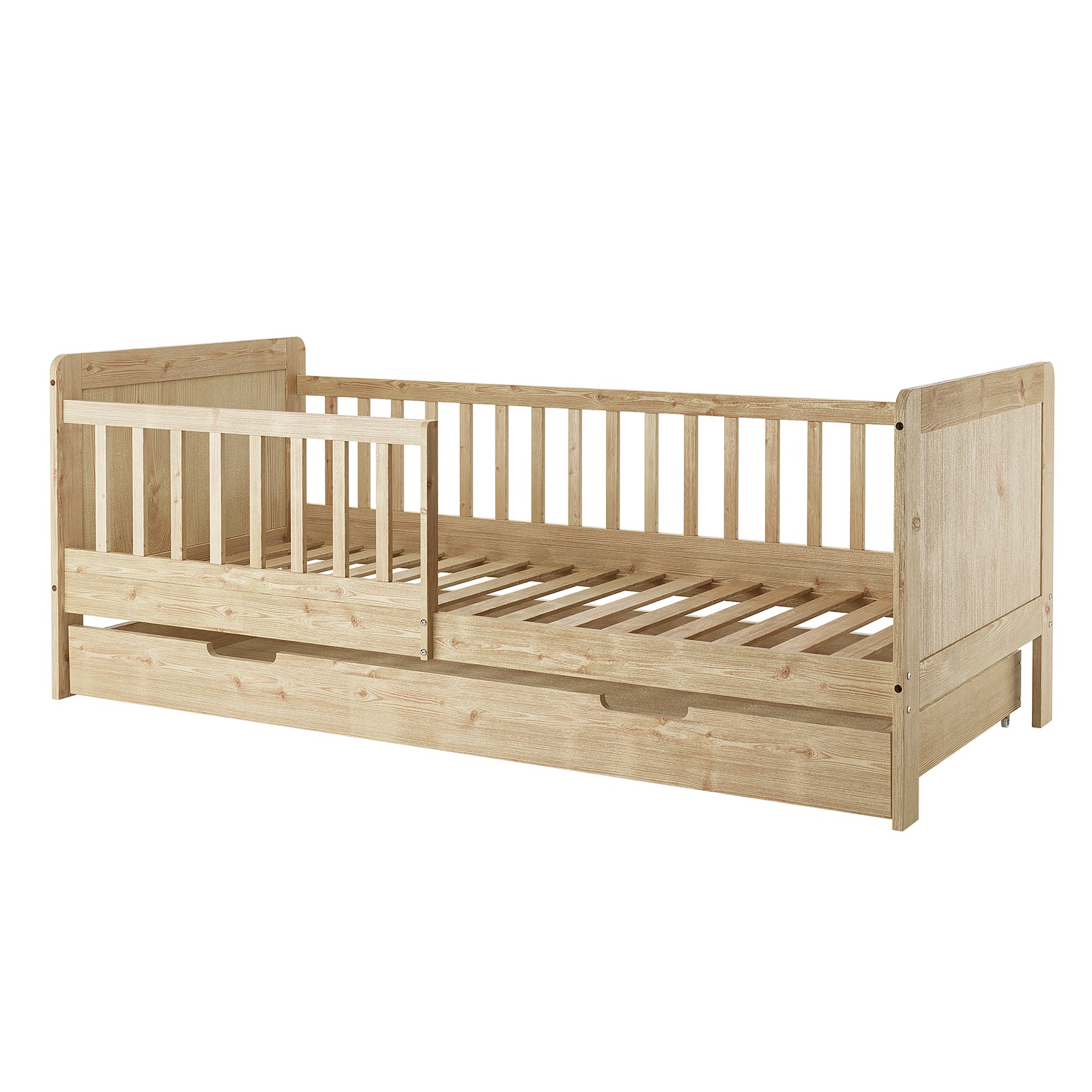 Zane Kids Solid Pine Timber Single Bed w/ Drawer - Natural features a low wooden frame with slatted base, safety guard rail, solid headboard and footboard, and a pull-out storage drawer for functionality.