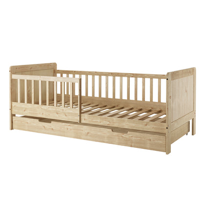 Zane Kids Solid Pine Timber Single Bed w/ Drawer - Natural features a low wooden frame with slatted base, safety guard rail, solid headboard and footboard, and a pull-out storage drawer for functionality.