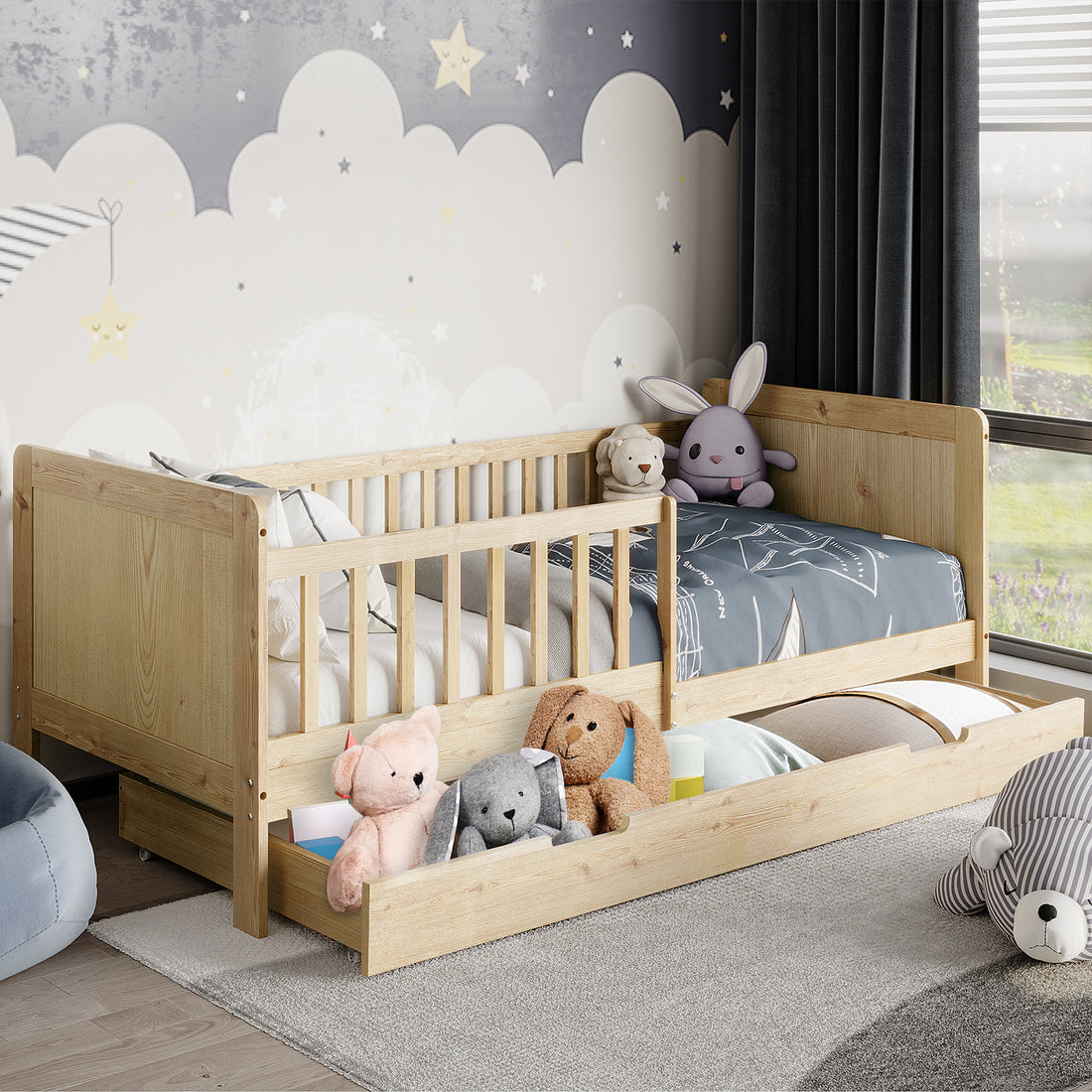 Zane Kids Solid Pine Timber Single Bed w/ Drawer - Natural; features a light-pine daybed with a low guard rail, pull-out trundle, blue sailboat bedding, and soft toys in a cozy bedroom corner.