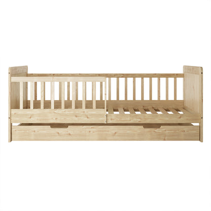Zane Kids Solid Pine Timber Single Bed w/ Drawer - Natural features a light-wood frame with slatted side rails, partial guardrail, and a pull-out storage drawer, ideal for toddlers or as a daybed.