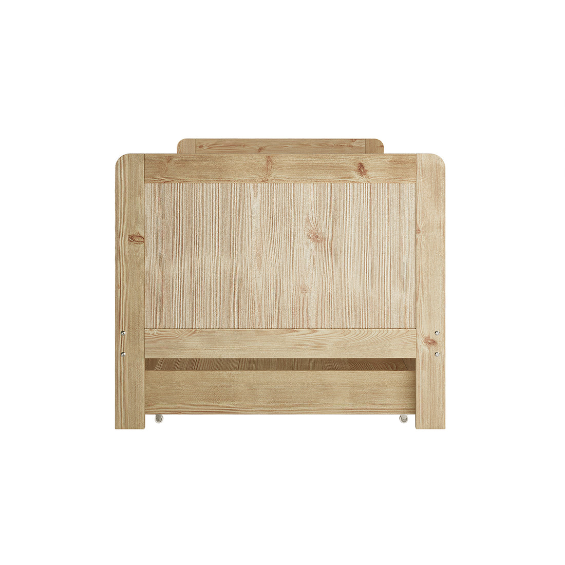 Zane Kids Solid Pine Timber Single Bed w/ Drawer - Natural, showcasing a light-colored wooden footboard with a pull-out trundle storage drawer on caster wheels, ideal for stylish and functional children's bedrooms.