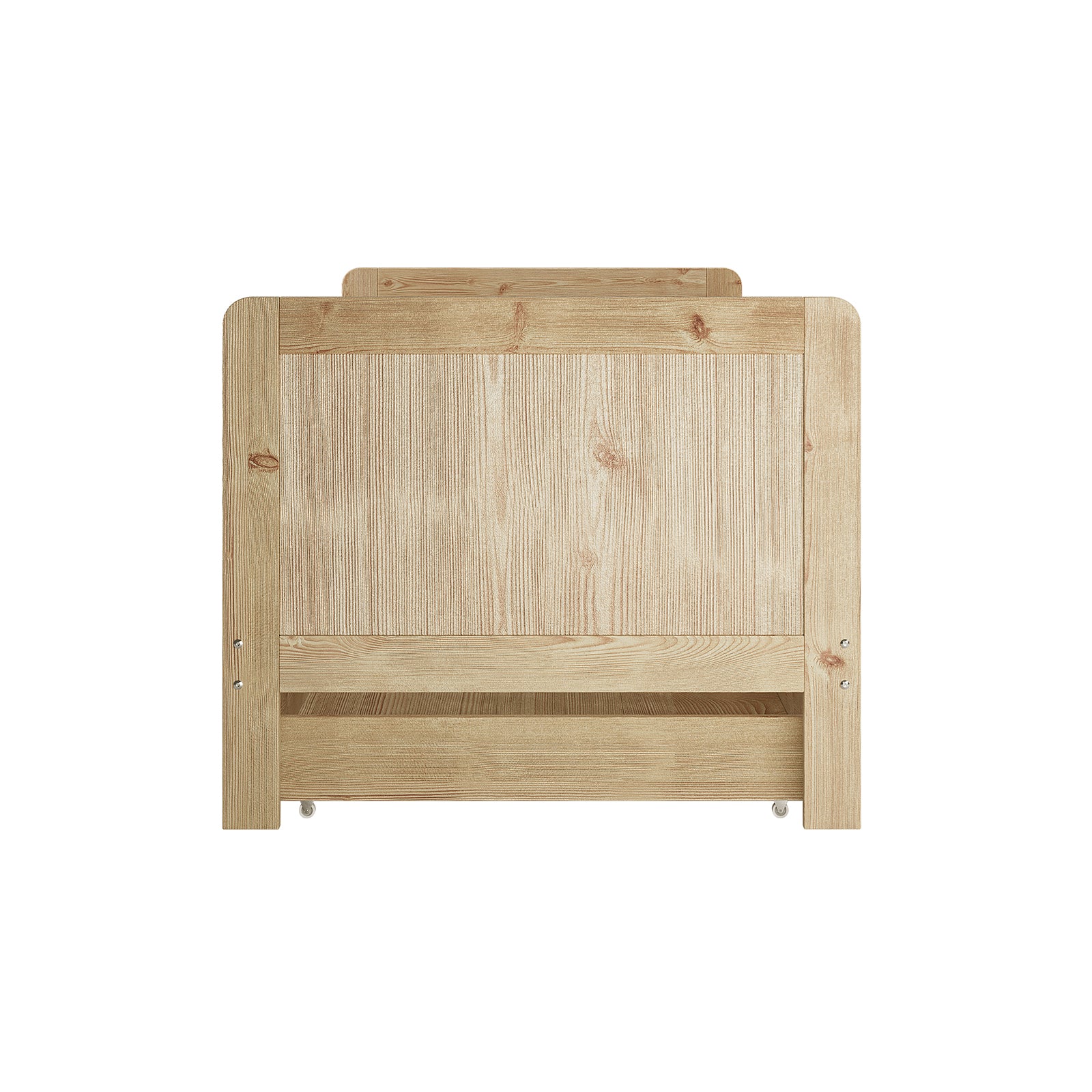 Zane Kids Solid Pine Timber Single Bed w/ Drawer - Natural, showcasing a light-colored wooden footboard with a pull-out trundle storage drawer on caster wheels, ideal for stylish and functional children's bedrooms.