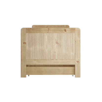 Zane Kids Solid Pine Timber Single Bed w/ Drawer - Natural, showcasing a light-colored wooden footboard with a pull-out trundle storage drawer on caster wheels, ideal for stylish and functional children's bedrooms.
