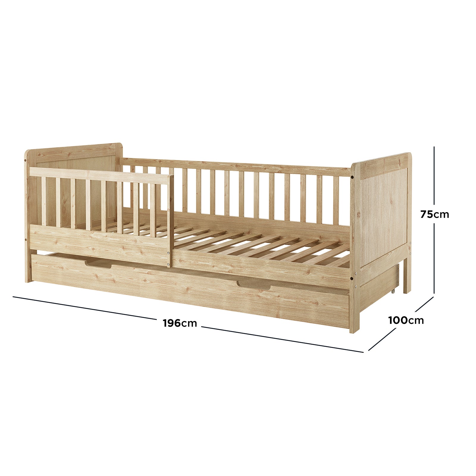 Zane Kids Solid Pine Timber Single Bed w/ Drawer - Natural features a low wooden frame with slatted sides, a removable safety rail, and a pull-out drawer/trundle, ideal for stylish and functional children's bedrooms.