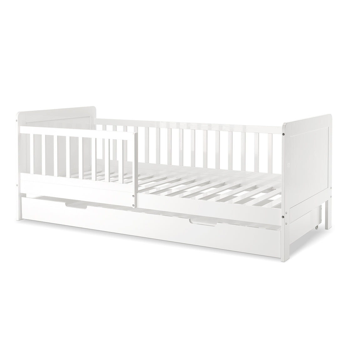 Zane Kids Solid Pine Timber Single Bed w/ Drawer - White, featuring a low, white wooden daybed design with slatted sides and a pull-out drawer for storage, ideal for children's bedrooms.