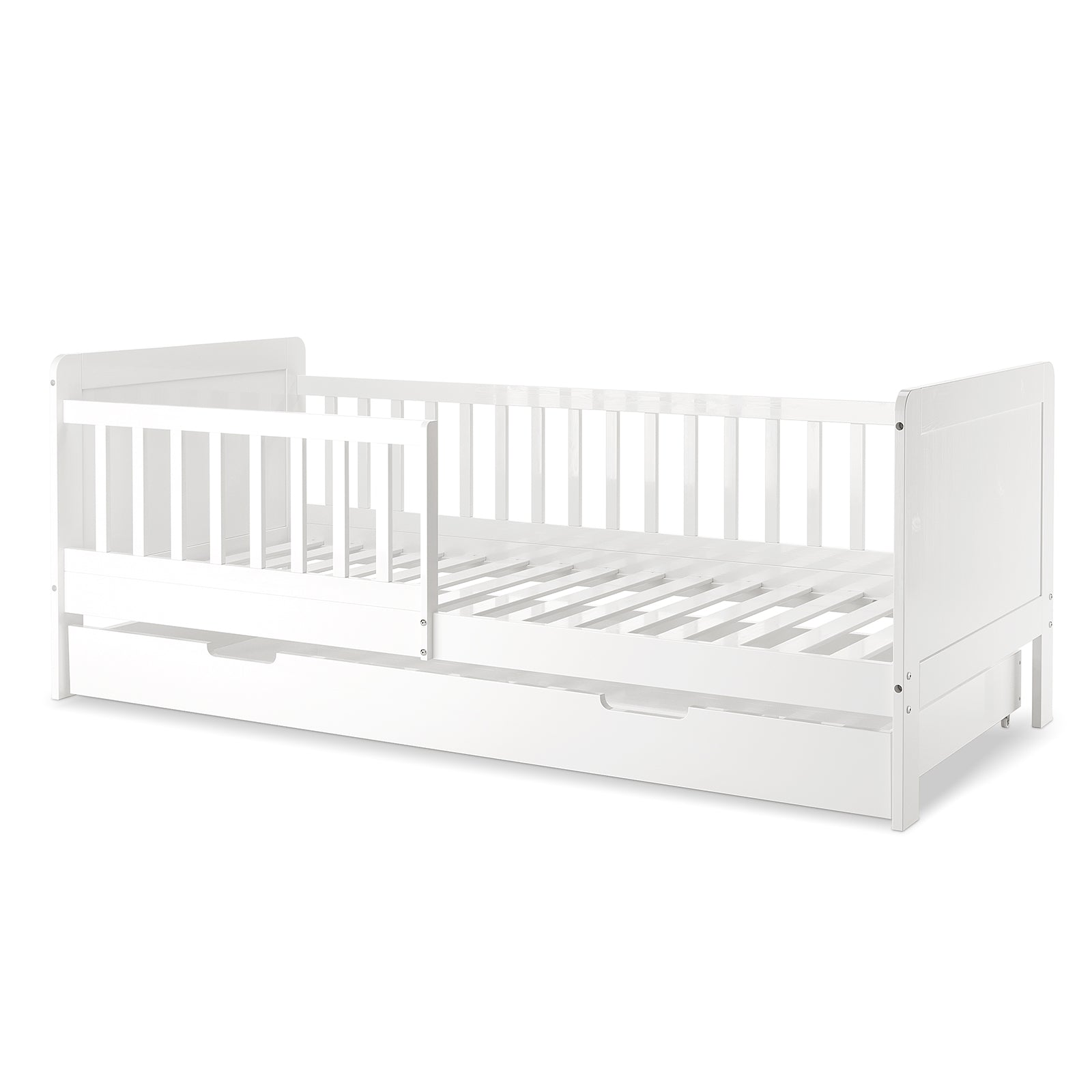 Zane Kids Solid Pine Timber Single Bed w/ Drawer - White, featuring a low, white wooden daybed design with slatted sides and a pull-out drawer for storage, ideal for children's bedrooms.