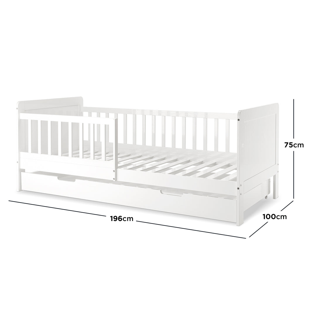 Zane Kids Solid Pine Timber Single Bed w/ Drawer - White, features a low-height design with partial safety rails, slatted mattress support, and a spacious under-bed storage drawer, ideal for children's bedrooms.