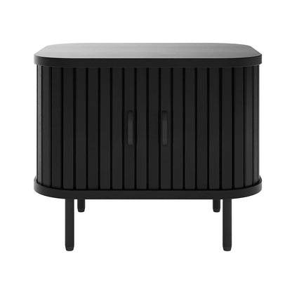 Aaron 50cm Bedside Table with Sliding Doors, featuring a sleek black design, engineered wood with oak veneer, and modern metal accents for compact storage.