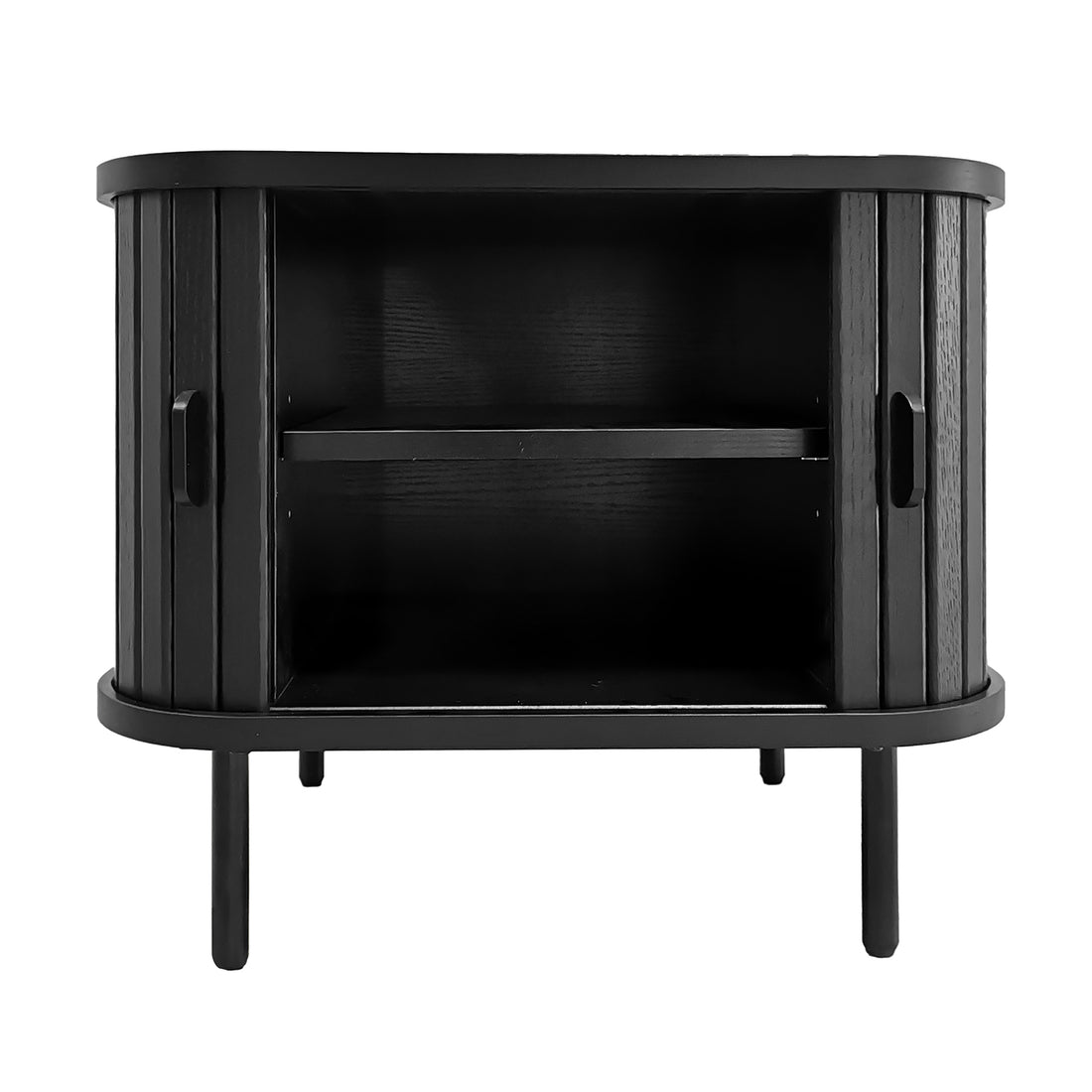 Aaron 50cm Bedside Table with Sliding Doors - Black, features sleek sliding doors and sturdy metal legs, offering compact storage and modern style for bedrooms.
