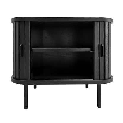 Aaron 50cm Bedside Table with Sliding Doors - Black, features sleek sliding doors and sturdy metal legs, offering compact storage and modern style for bedrooms.