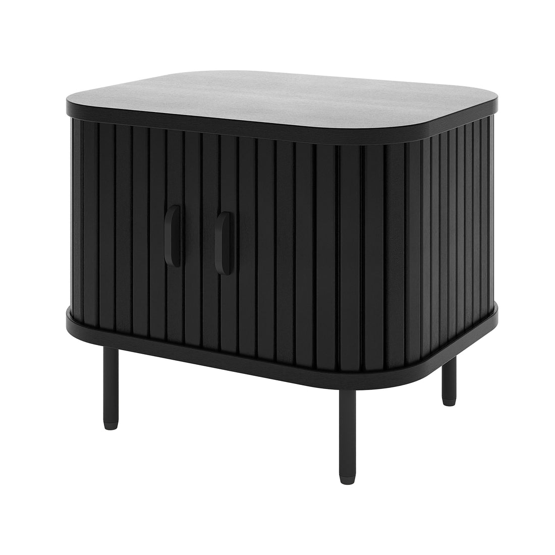 Aaron 50cm Bedside Table with Sliding Doors, featuring engineered wood, sleek metal legs, and sliding doors for compact storage, ideal for modern bedrooms.