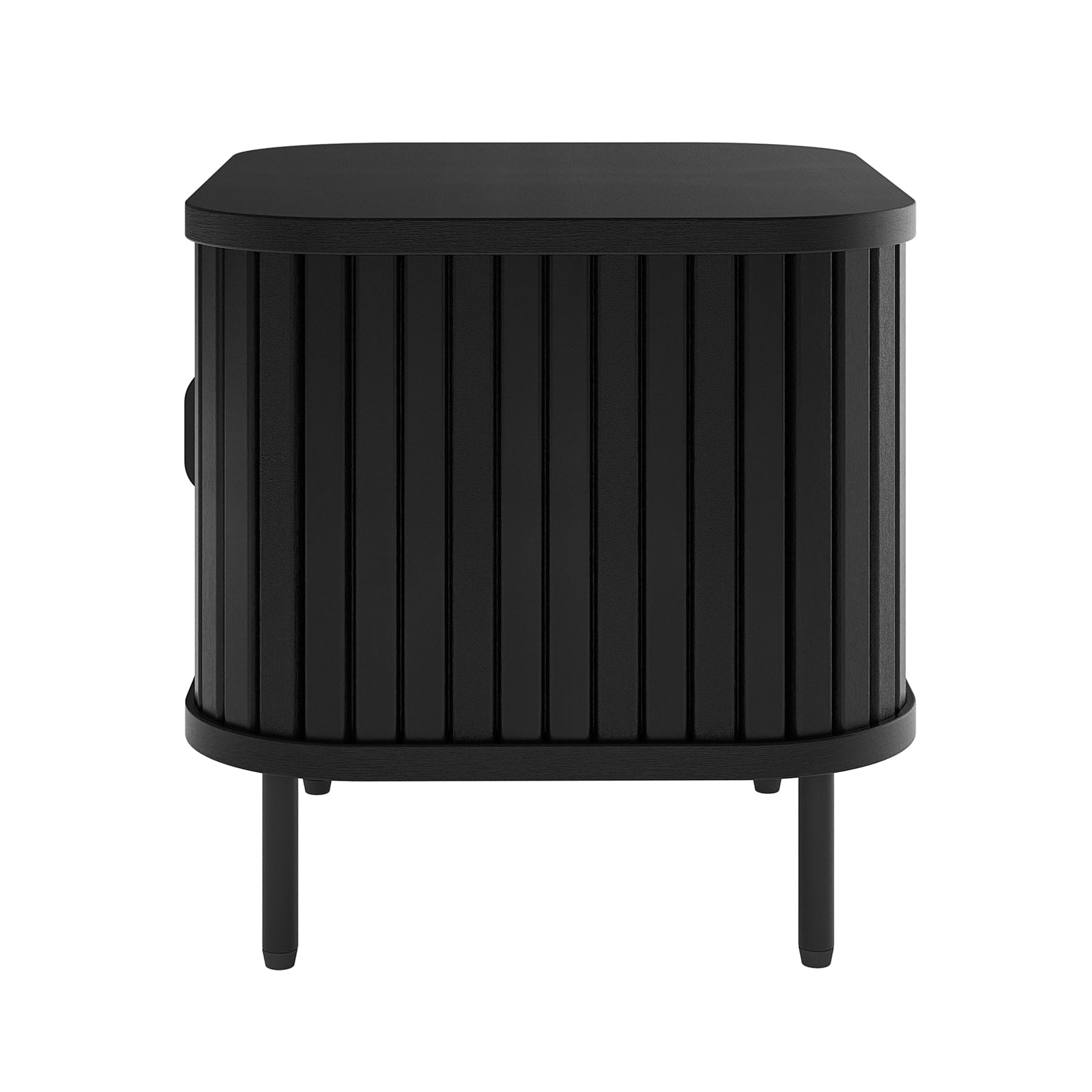 Aaron 50cm Bedside Table with sliding doors showcasing sleek, modern design and sturdy metal legs, ideal for compact bedroom storage solutions.