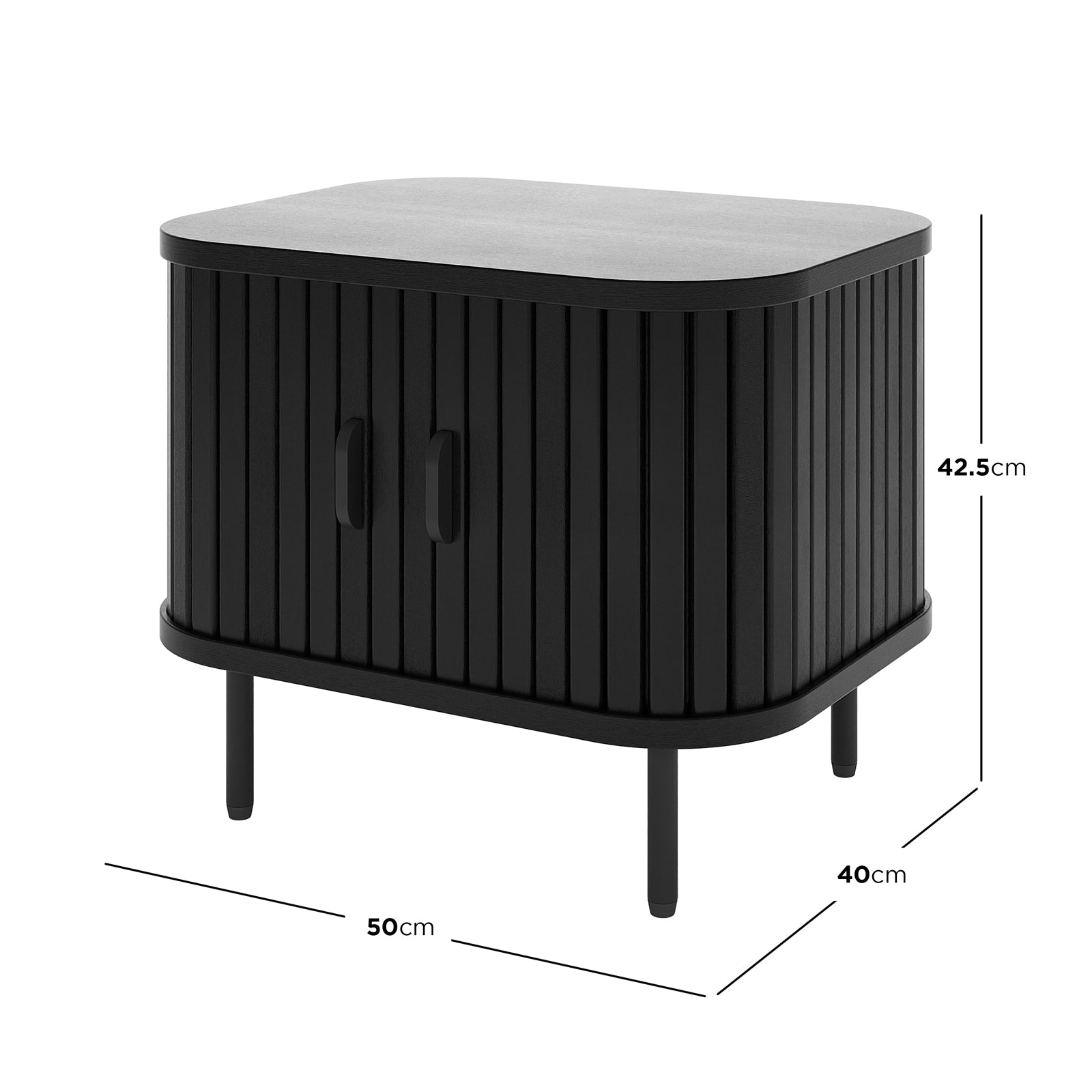 Aaron 50cm Bedside Table with Sliding Doors, featuring a black rectangular design with sleek sliding doors and sturdy metal legs, ideal for space-saving bedroom storage.