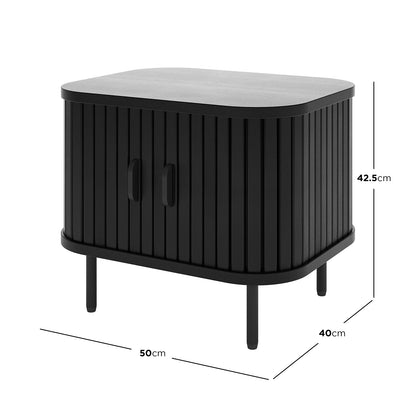 Aaron 50cm Bedside Table with Sliding Doors, featuring a black rectangular design with sleek sliding doors and sturdy metal legs, ideal for space-saving bedroom storage.