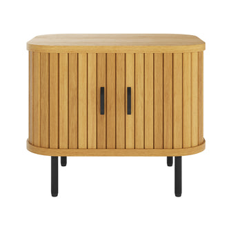 Aaron 50cm Bedside Table with Sliding Doors - Natural, featuring a modern wooden design with rounded corners, tambour-style slatted front, slim black handles, and slender black metal legs.
