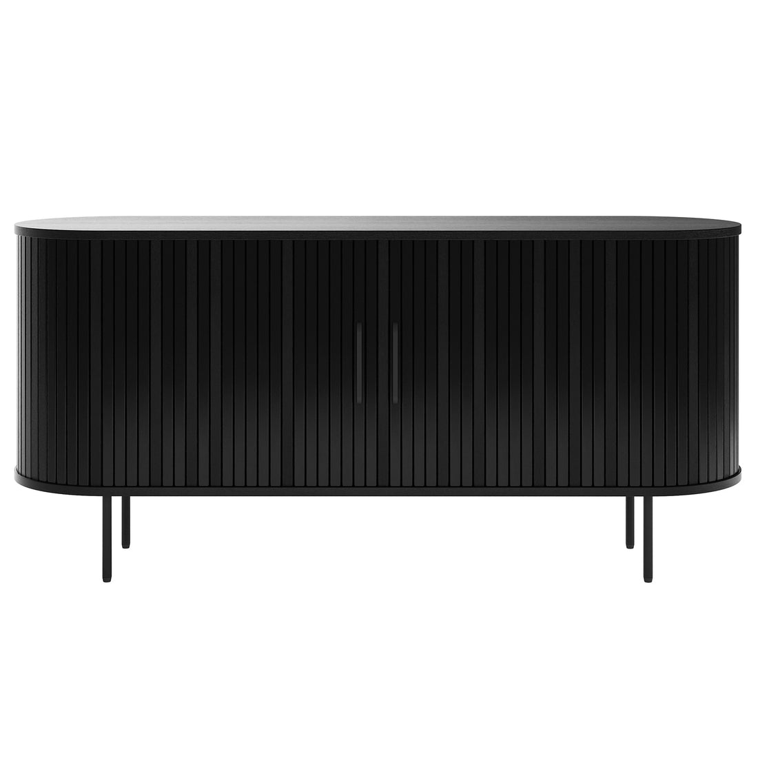 Aaron 140cm Curved Sideboard Buffet - Black features a matte black finish, rounded ends, vertically slatted tambour-style front, two central handles, and stands on slender metal legs, offering modern elegance.