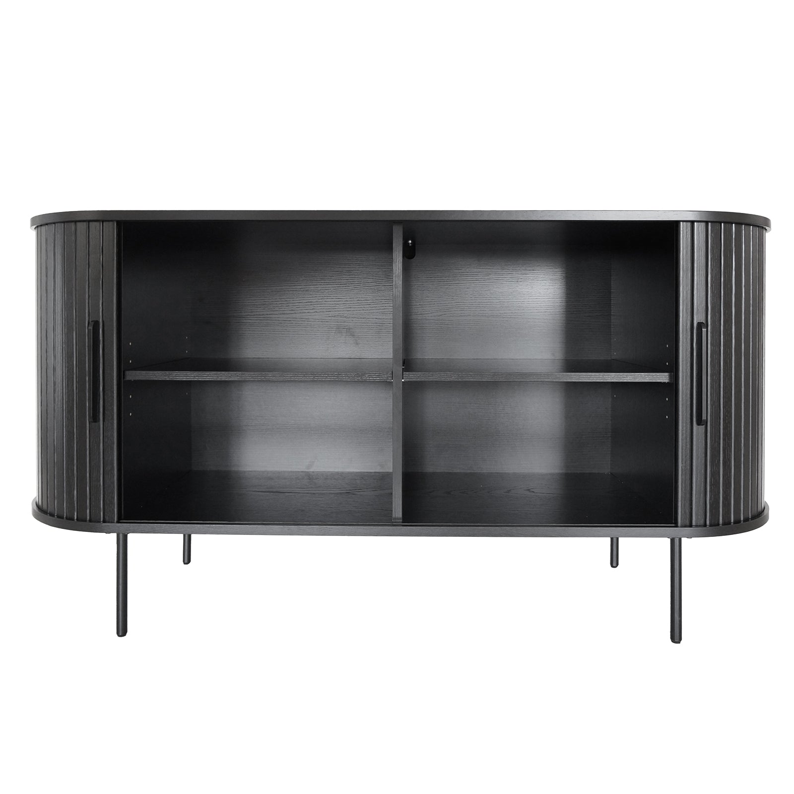 Aaron 140cm Curved Sideboard Buffet - Black, featuring fluted sliding doors, four storage compartments, and slender metal legs. Ideal for modern living spaces or dining areas, offering style and functionality.
