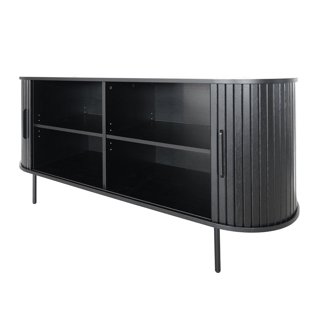 Aaron 140cm Curved Sideboard Buffet - Black with matte finish, featuring two tambour-style roll-top doors, four central storage compartments, rounded corners, and slender metal legs for a sleek, modern look.