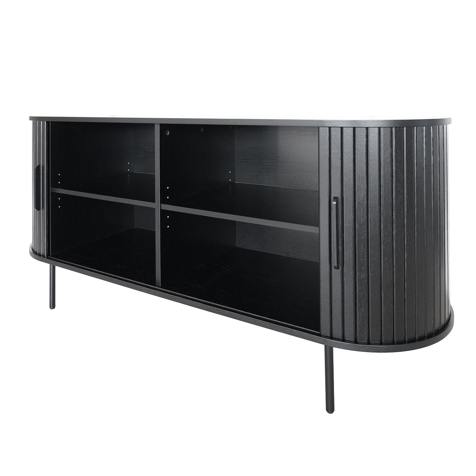 Aaron 140cm Curved Sideboard Buffet - Black with matte finish, featuring two tambour-style roll-top doors, four central storage compartments, rounded corners, and slender metal legs for a sleek, modern look.