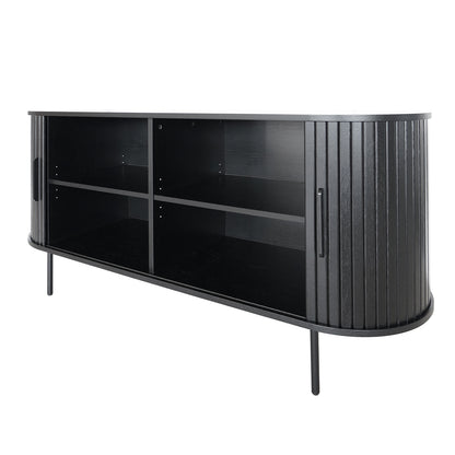Aaron 140cm Curved Sideboard Buffet - Black with matte finish, featuring two tambour-style roll-top doors, four central storage compartments, rounded corners, and slender metal legs for a sleek, modern look.