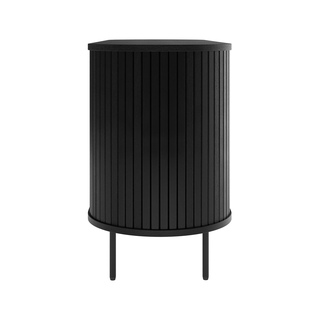 Aaron 140cm Curved Sideboard Buffet - Black features a semi-cylindrical front with vertical slats, flat top, and slender legs, ideal for compact spaces. Perfect for bedside or sofa placement.