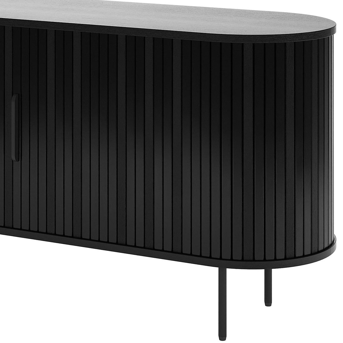 Aaron 140cm Curved Sideboard Buffet - Black features a modern design with rounded-edge top, vertical slatted front panels, sleek black metal handles, and slender metal legs, offering stylish storage functionality.