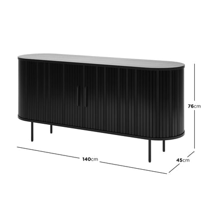 Aaron 140cm Curved Sideboard Buffet - Black, showcasing a matte black finish, gently rounded top, fluted ribbed doors, and slender metal legs, highlighting modern elegance and spacious storage with sliding doors.