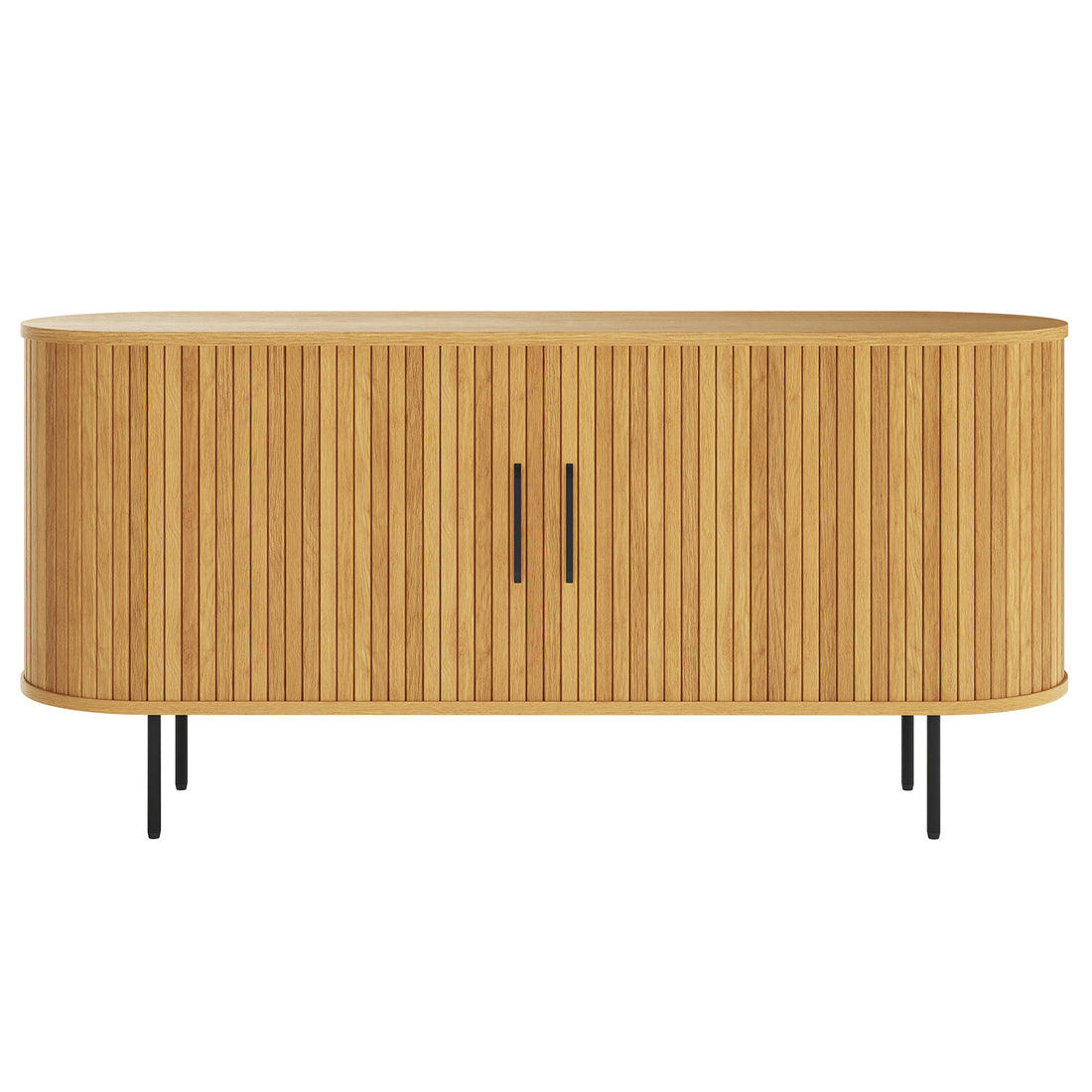 Aaron 140cm Curved Sideboard Buffet - Natural features light-toned wood, fluted doors, rounded corners, and black metal legs. This elegant, mid-century-modern piece offers stylish storage for any space.