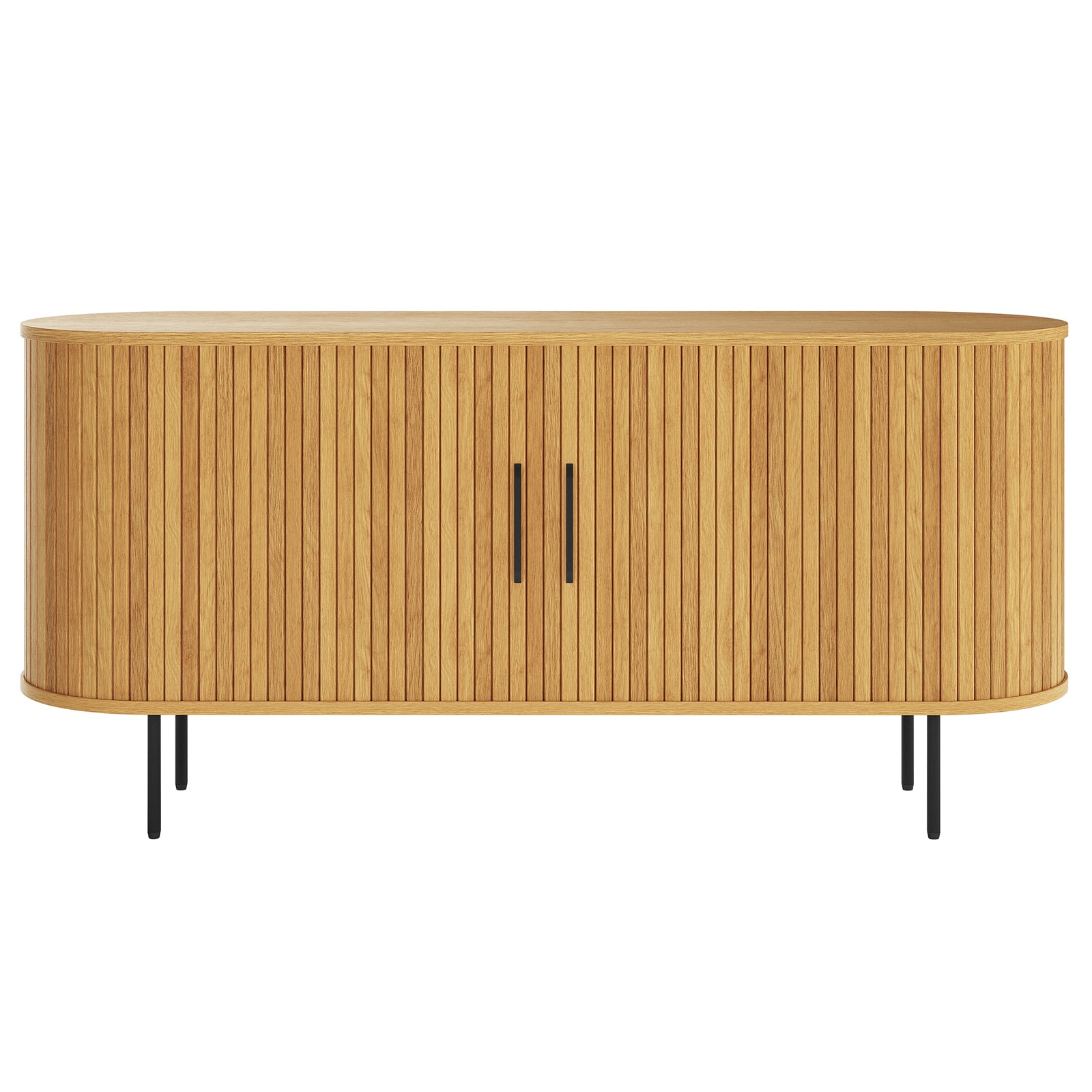 Aaron 140cm Curved Sideboard Buffet - Natural features light-toned wood, fluted doors, rounded corners, and black metal legs. This elegant, mid-century-modern piece offers stylish storage for any space.