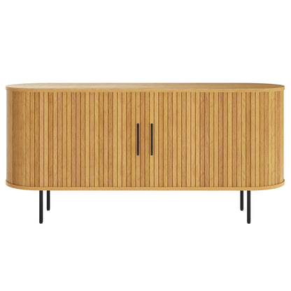 Aaron 140cm Curved Sideboard Buffet - Natural features light-toned wood, fluted doors, rounded corners, and black metal legs. This elegant, mid-century-modern piece offers stylish storage for any space.