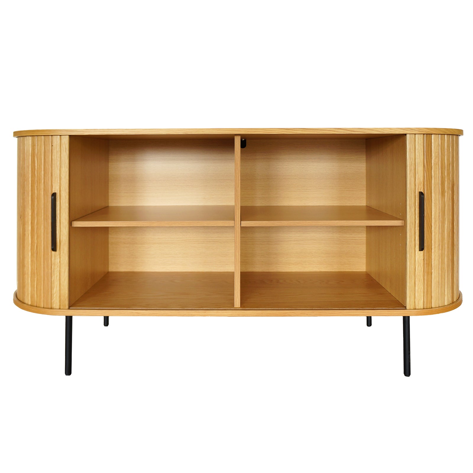 Aaron 140cm Curved Sideboard Buffet - Natural features a light-stained wood design with fluted sliding doors, rounded ends, four open shelves, and slim black metal legs for modern elegance and practicality.