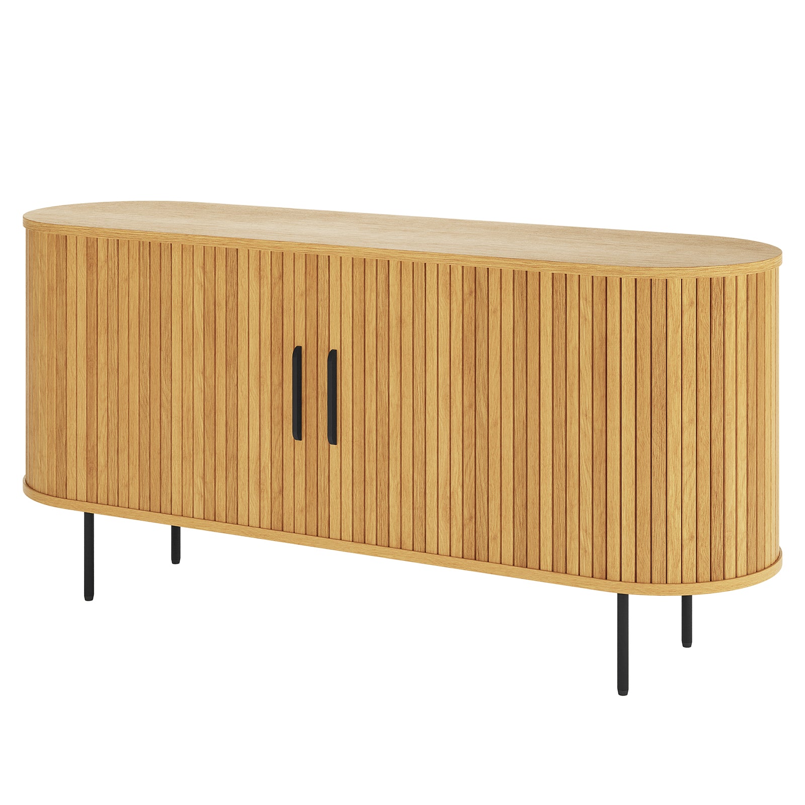 Aaron 140cm Curved Sideboard Buffet - Natural features a mid-century modern design with a fluted, oval-fronted facade, two central doors with black handles, and slender black metal legs.
