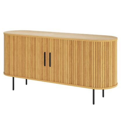 Aaron 140cm Curved Sideboard Buffet - Natural features a mid-century modern design with a fluted, oval-fronted facade, two central doors with black handles, and slender black metal legs.