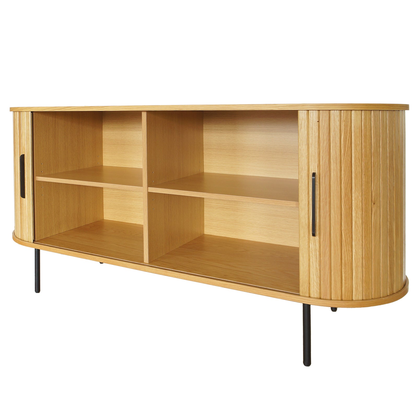 Aaron 140cm Curved Sideboard Buffet - Natural: Light-toned oak-look veneer with fluted tambour-style sliding doors, four open cubby compartments, and slender black metal legs; a modern, elegant storage solution.