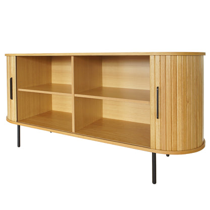 Aaron 140cm Curved Sideboard Buffet - Natural: Light-toned oak-look veneer with fluted tambour-style sliding doors, four open cubby compartments, and slender black metal legs; a modern, elegant storage solution.