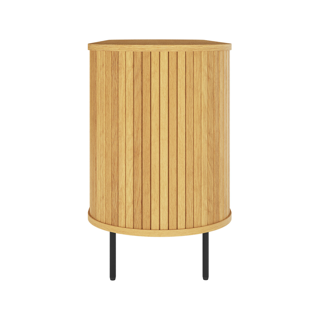 Aaron 140cm Curved Sideboard Buffet - Natural, features a modern tambour front with light wood slats, two sliding fluted doors, and is supported by sleek black metal legs for a contemporary look.