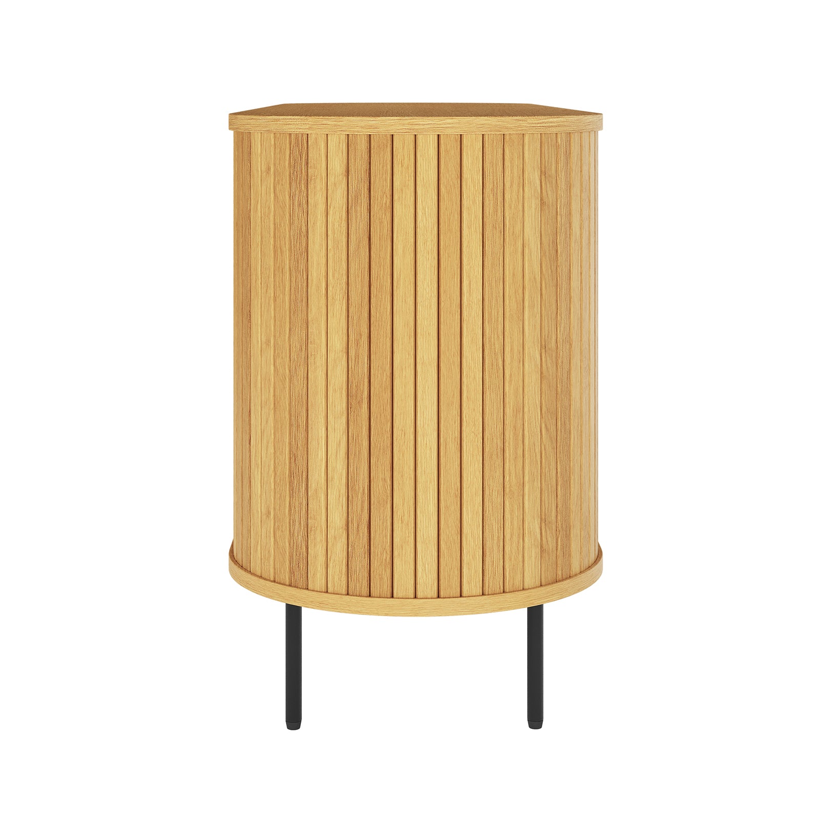 Aaron 140cm Curved Sideboard Buffet - Natural, features a modern tambour front with light wood slats, two sliding fluted doors, and is supported by sleek black metal legs for a contemporary look.