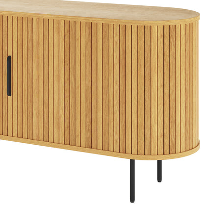 Aaron 140cm Curved Sideboard Buffet - Natural features a modern design with a slatted-wood tambour front, slender black metal legs, and softly rounded corners, offering a contemporary and elegant storage solution.