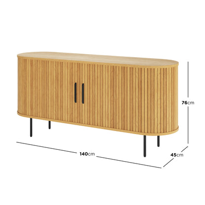 Aaron 140cm Curved Sideboard Buffet - Natural: Wooden sideboard with fluted front, two black-handled doors, and four slender black legs. Offers spacious storage with a sleek, modern design.