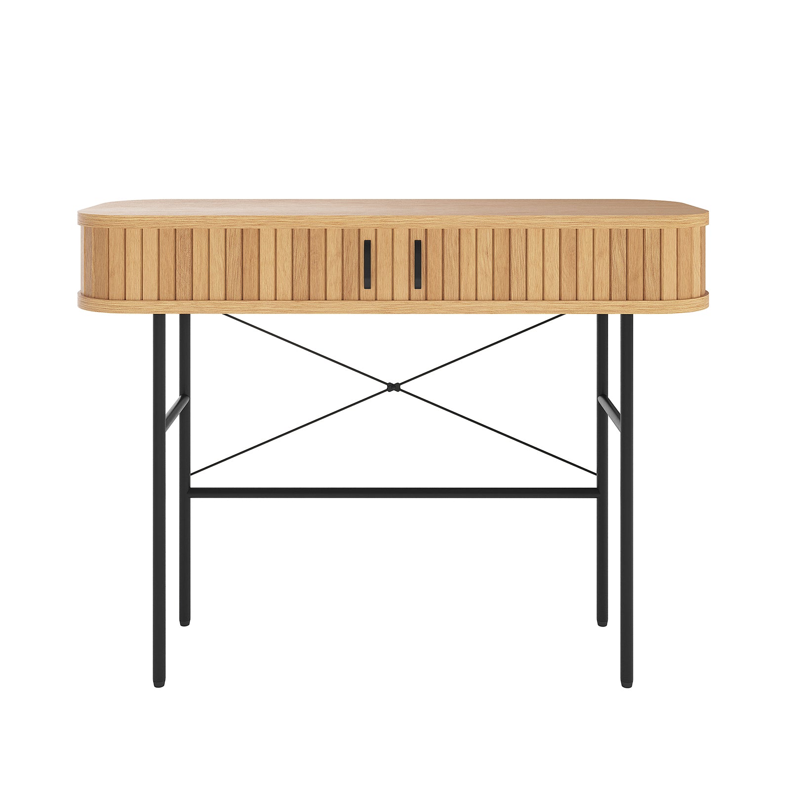 Aaron 100cm Hallway Table with Sliding Doors - Natural features a light-stained wood top with a slatted tambour front and recessed handles, supported by a minimalist black metal base with slim legs.