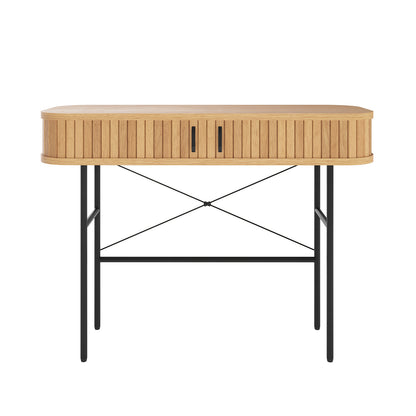 Aaron 100cm Hallway Table with Sliding Doors - Natural features a light-stained wood top with a slatted tambour front and recessed handles, supported by a minimalist black metal base with slim legs.