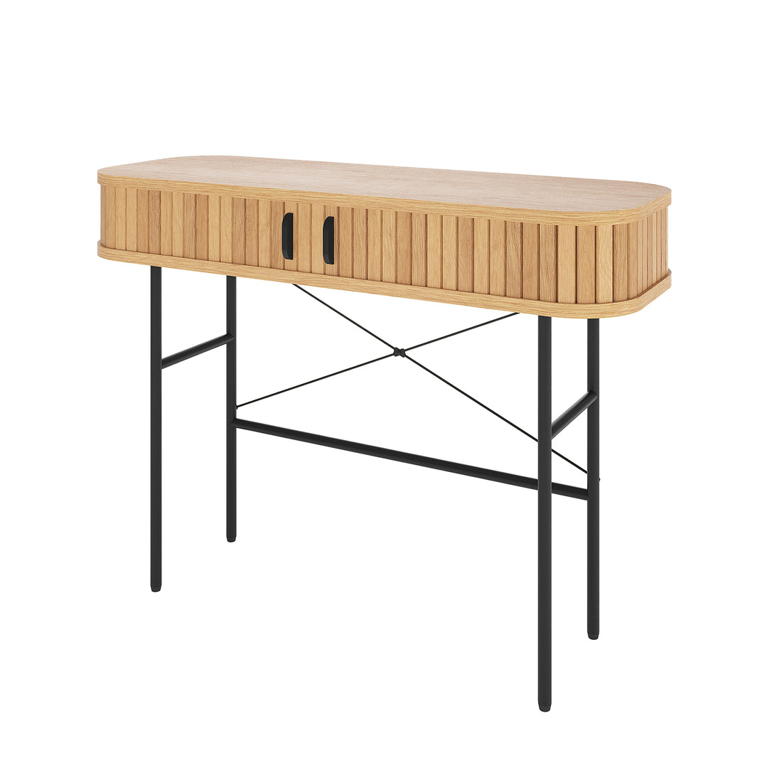 Aaron 100cm Hallway Table with Sliding Doors - Natural features a mid-century design with a light oak veneer, rounded corners, tambour-style doors, and slender cross-braced black metal legs.