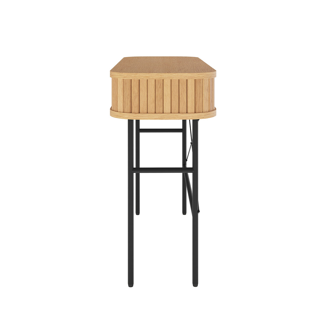 Aaron 100cm Hallway Table with Sliding Doors - Natural featuring a light wood-grain top, vertical slat apron, and thin black metal legs with cross-bracing, offering stylish storage for your hallway.