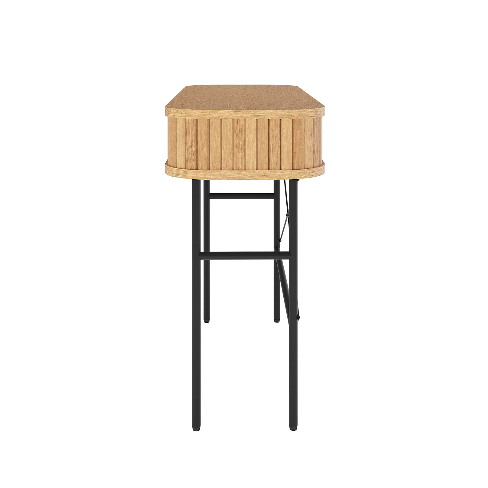 Aaron 100cm Hallway Table with Sliding Doors - Natural featuring a light wood-grain top, vertical slat apron, and thin black metal legs with cross-bracing, offering stylish storage for your hallway.