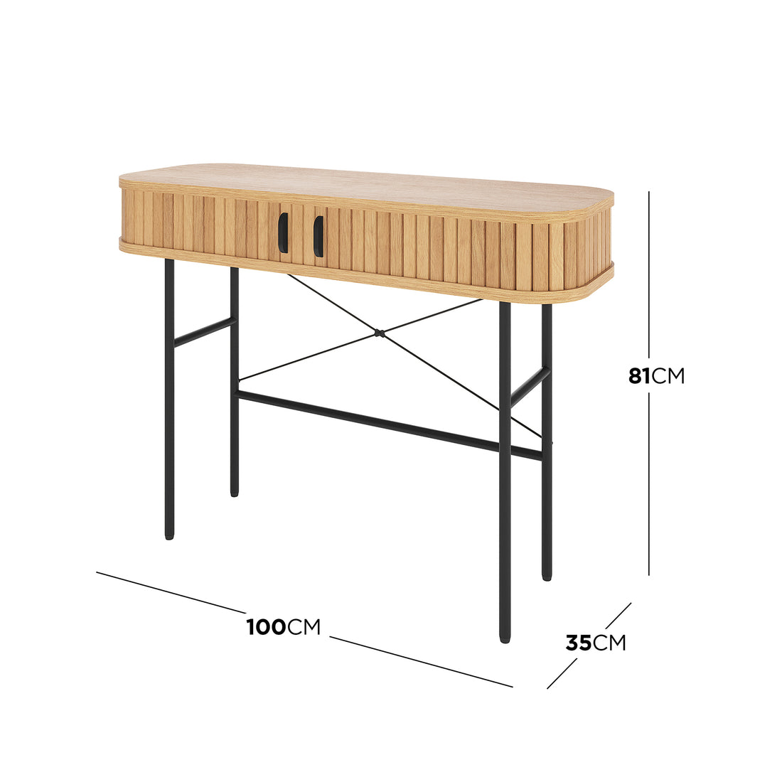 Aaron 100cm Hallway Table with Sliding Doors - Natural features an oval light wood top, slatted doors, black metal legs, and compact dimensions, perfect for entryways or as a narrow writing desk.
