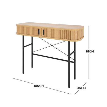 Aaron 100cm Hallway Table with Sliding Doors - Natural features an oval light wood top, slatted doors, black metal legs, and compact dimensions, perfect for entryways or as a narrow writing desk.