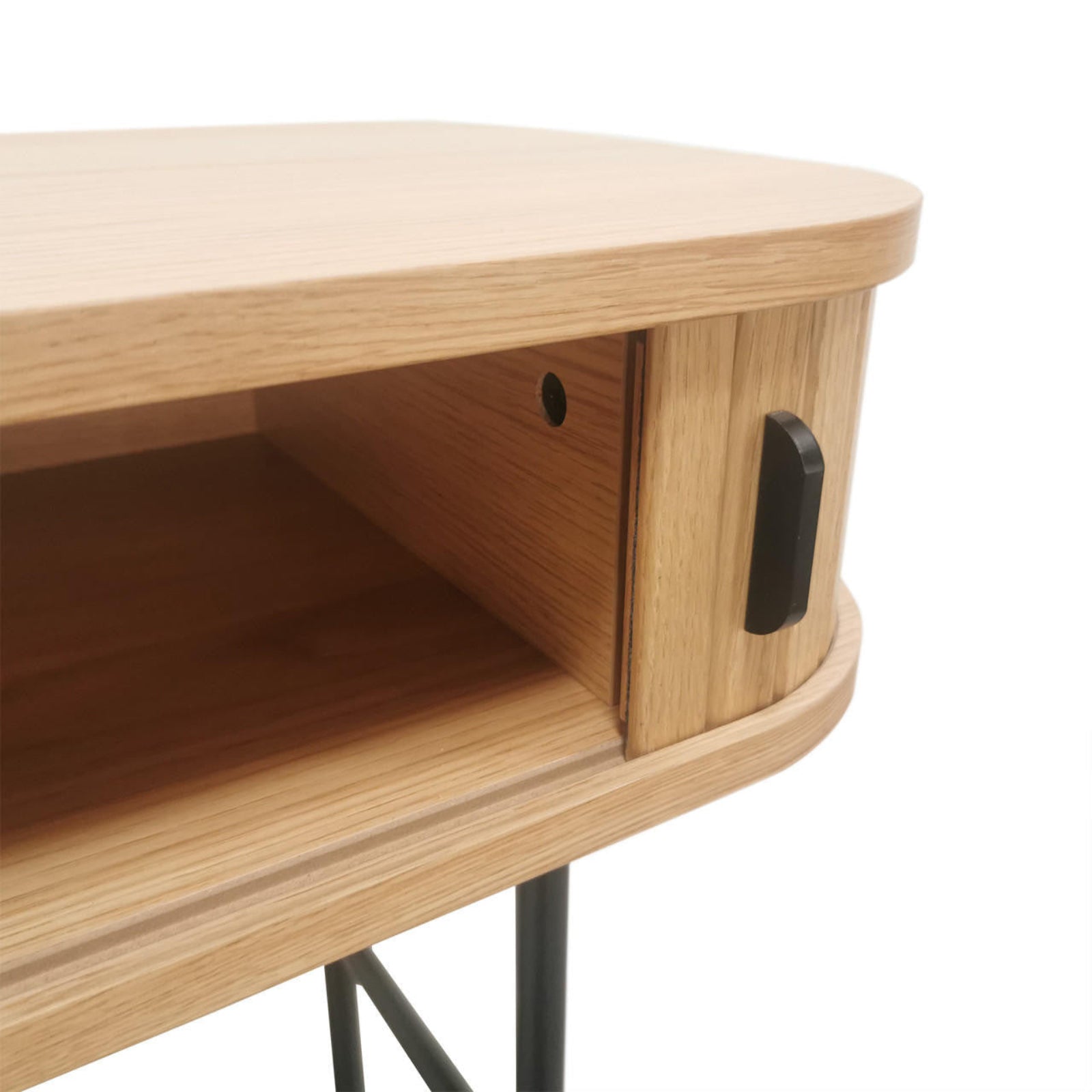 Aaron 100cm Hallway Table with Sliding Doors - Natural, featuring light oak veneer, open cubby, rounded sliding door with black handle, and black metal legs for a sleek, modern look.