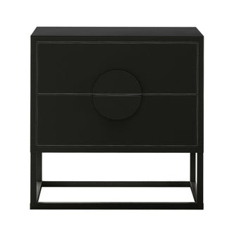 Abigail 55cm 2-Drawer Bedside Table – Black: Modern, matte black table with two spacious drawers featuring circular recessed handles, on an open-frame base, ideal for organized bedroom storage.
