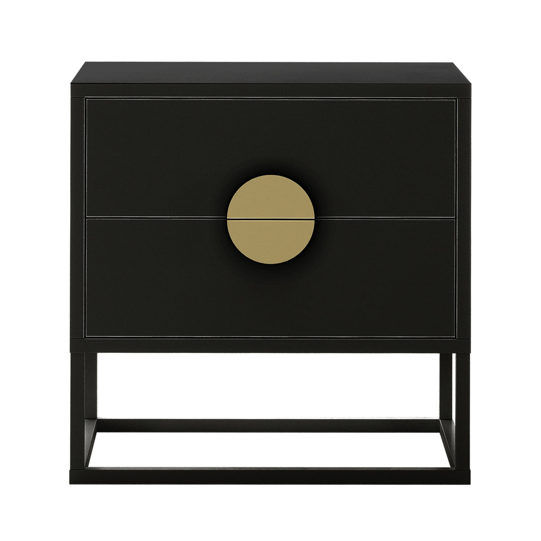 Abigail 55cm 2-Drawer Bedside Table - Black/Gold; features a matte black finish, two drawers, a large circular brass pull, and an open metal frame, blending modern style with luxurious accents.